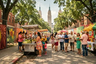 Scène de rue animée à Corona Park, Queens, avec des vendeurs de rue latinos, des familles et des fresques murales colorées devant les tours du New York State Pavilion