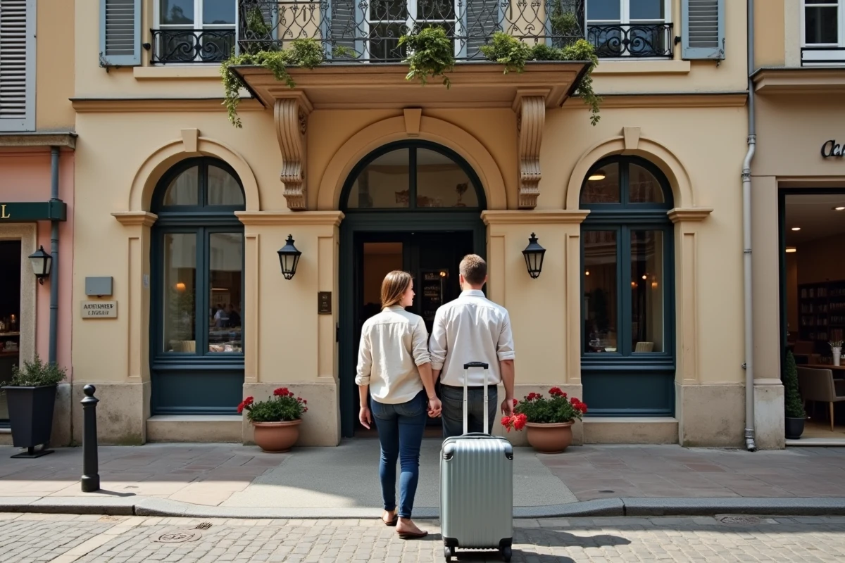 Couple arrivant à pied dans un hôtel en plein cœur du centre-ville de Dijon après une réservation directe