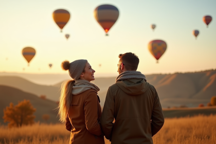 Couple souriant dans un champ au lever du jour avec montgolfieres