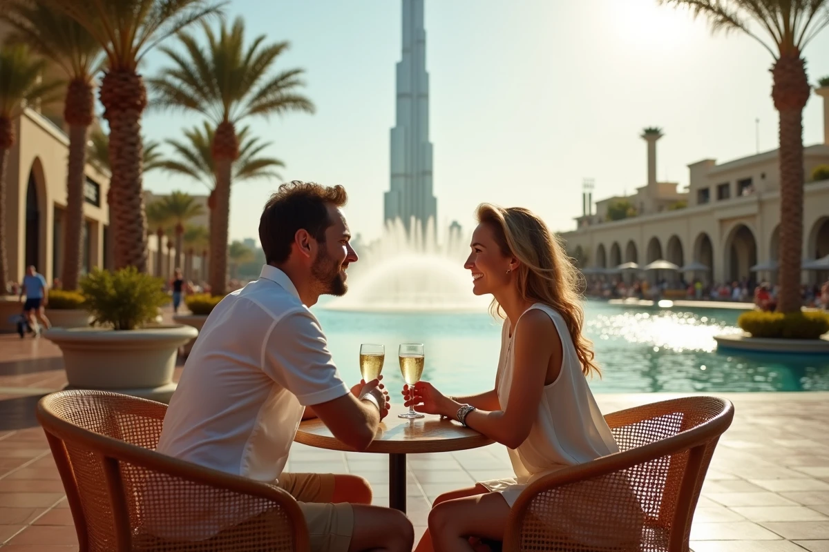 Couple en terrasse de café près de la fontaine de Dubaï avec le Burj Khalifa en arrière-plan