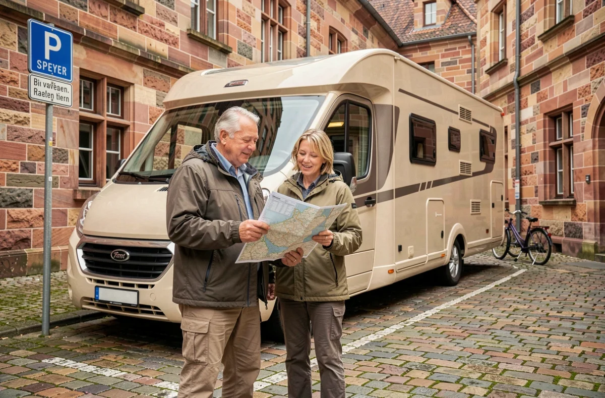 Couple de voyageurs consultant une carte devant leur camping-car garé dans la vieille ville de Speyer en Allemagne