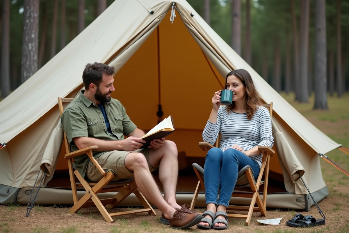 Couple se relaxant devant une tente de camping sous les pins près de la Dune du Pilat