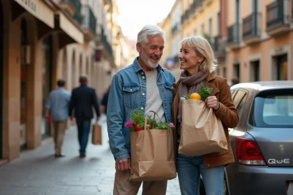 Couple français souriant avec sacs de courses à Dancharia