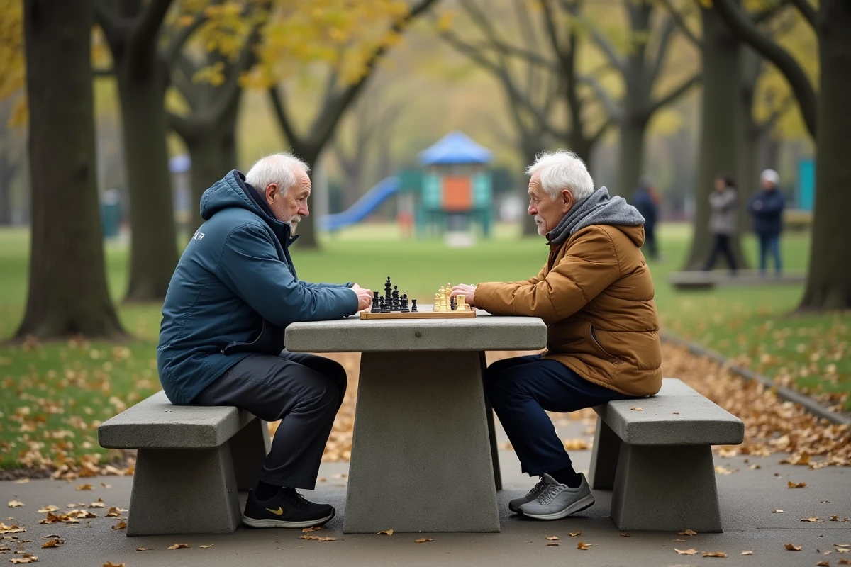 Couple jouant aux échecs dans un parc de Queens