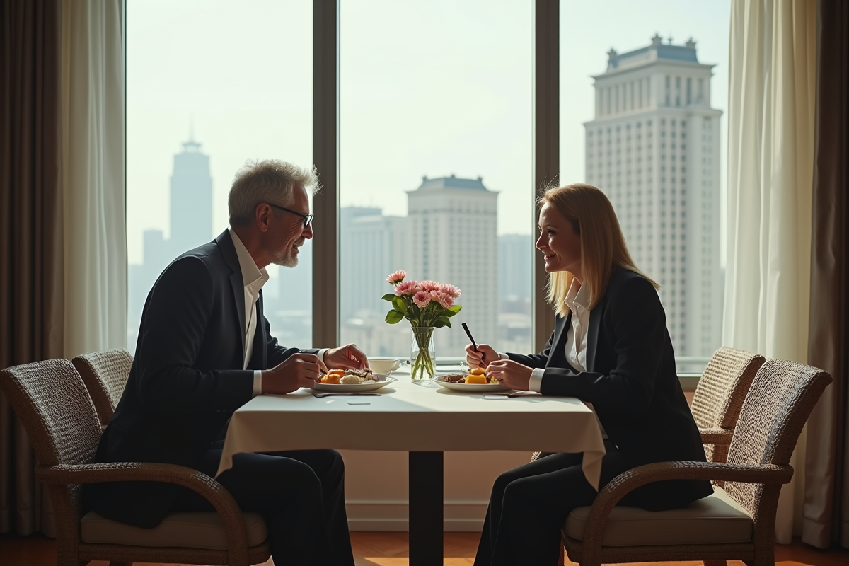 Couple profitant du petit déjeuner dans une suite d