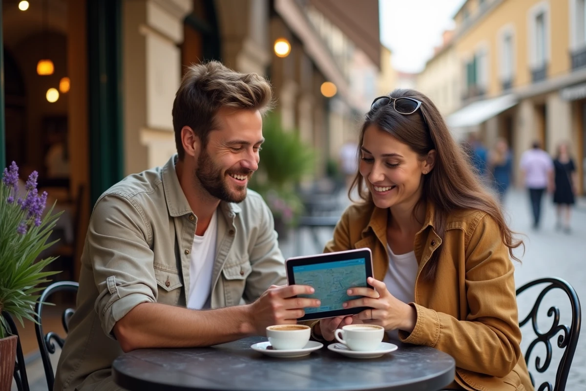 Couple planifiant un road trip en France sur une tablette posée sur une table de café en terrasse