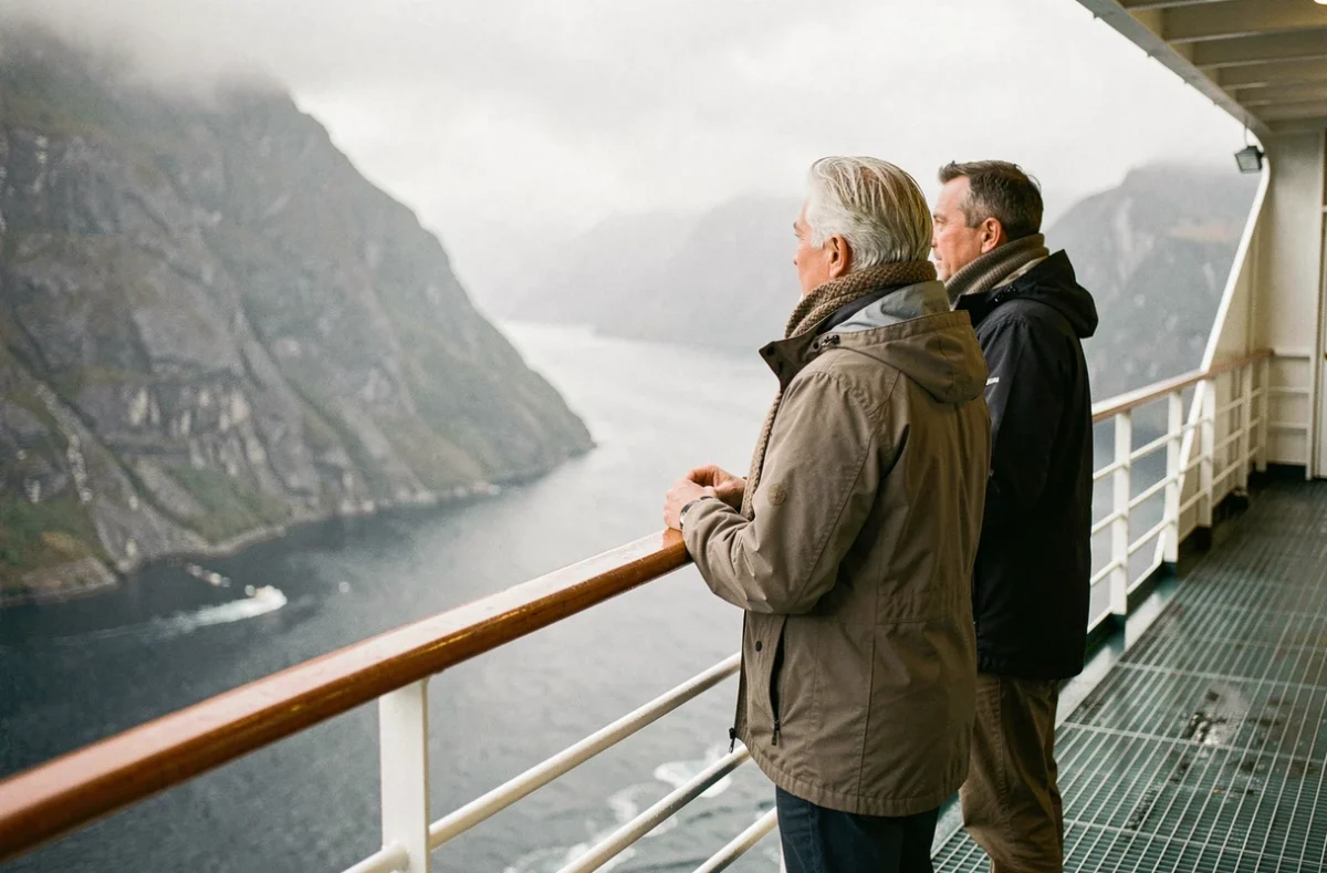 Couple de touristes admirant le paysage d'un fjord depuis le pont d'un bateau de croisière