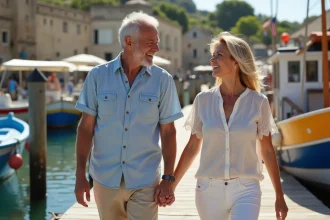 Couple détendu dans le port de La Cotinière en été