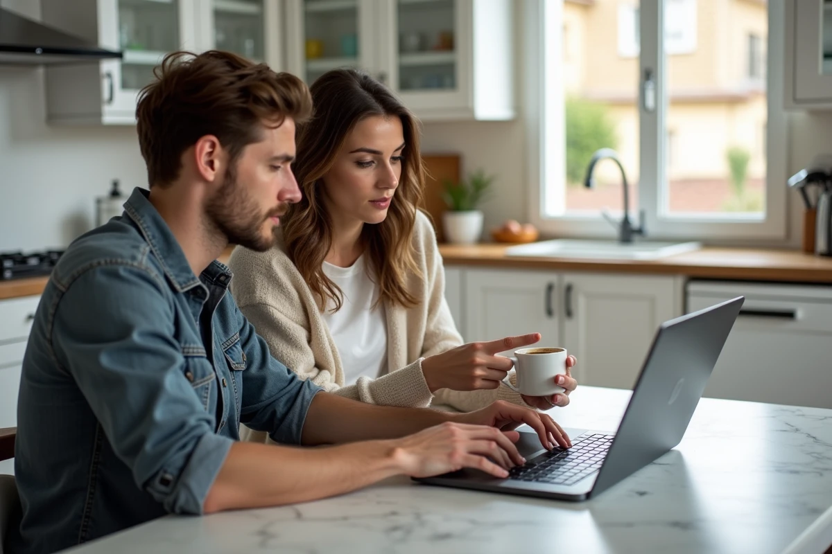 Couple réservant un voyage de dernière minute sur internet pendant les vacances scolaires