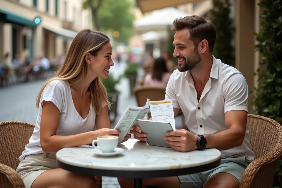 Couple de voyageurs consultant leurs réservations Get Your Guide sur tablette en terrasse de café