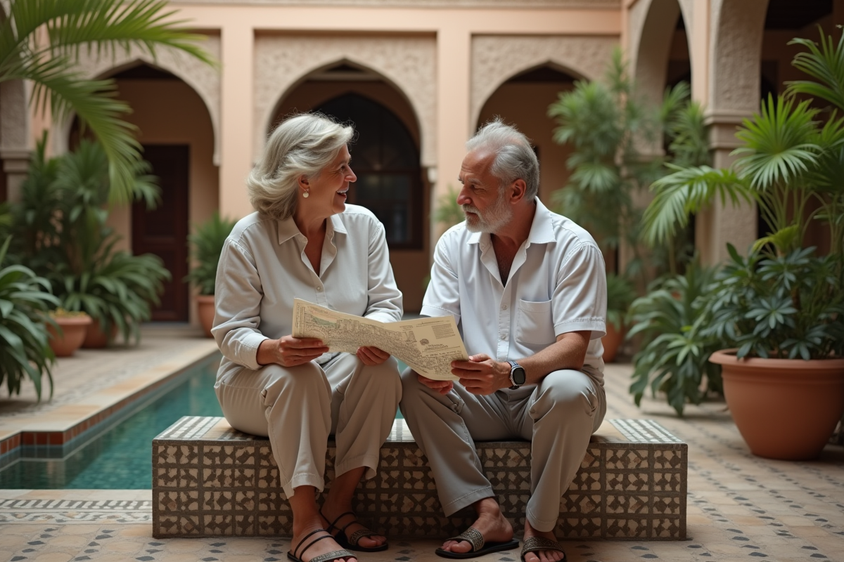 Couple assis dans un riad de Marrakech en train de consulter une carte
