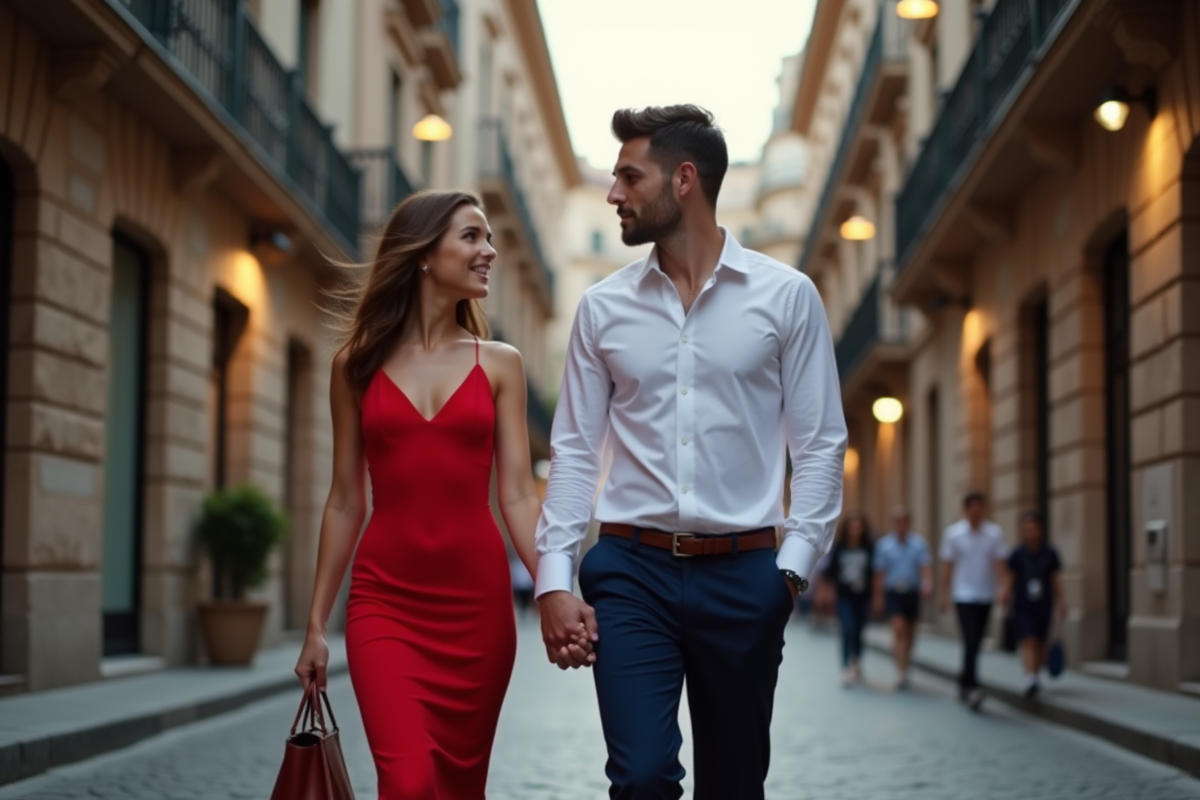 Jeune couple se promenant dans une rue européenne au crépuscule