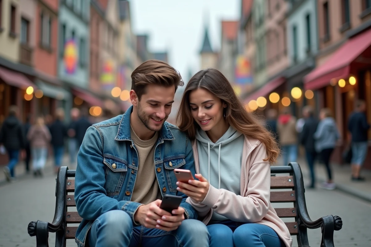 Jeune couple consultant leur smartphone pour planifier les FastPass à Eurodisney Paris et maximiser leur budget