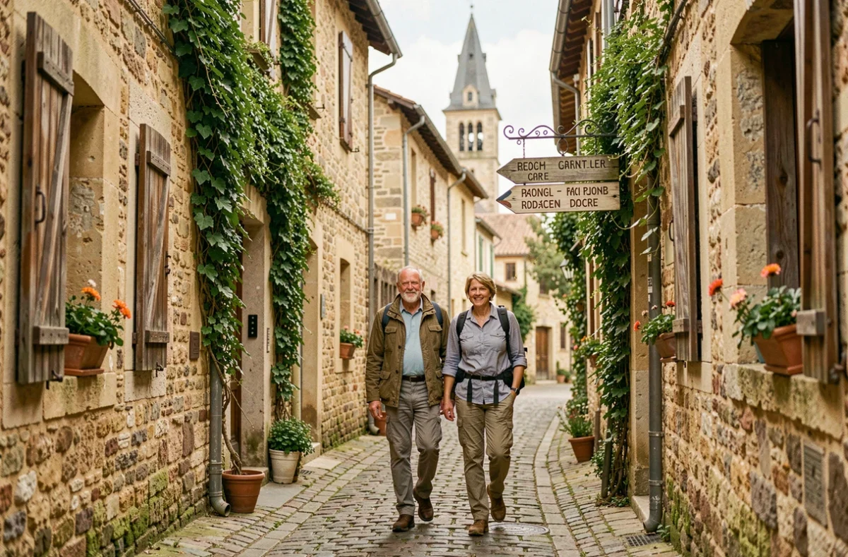 Couple de touristes se promenant dans une ruelle médiévale pittoresque du village français