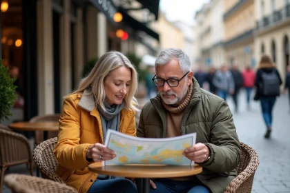 Couple de voyageurs discutant carte dans un café européen