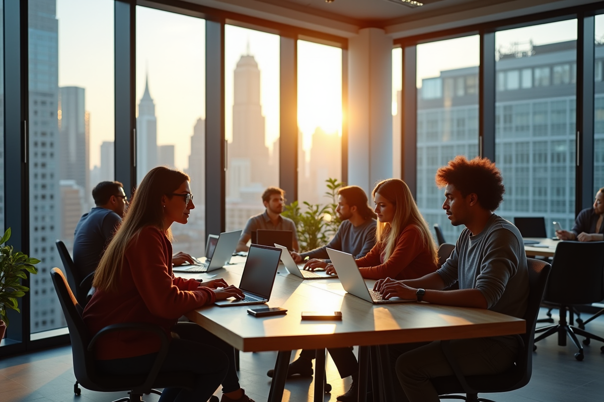 Groupe de nomades numériques dans un espace de coworking lumineux