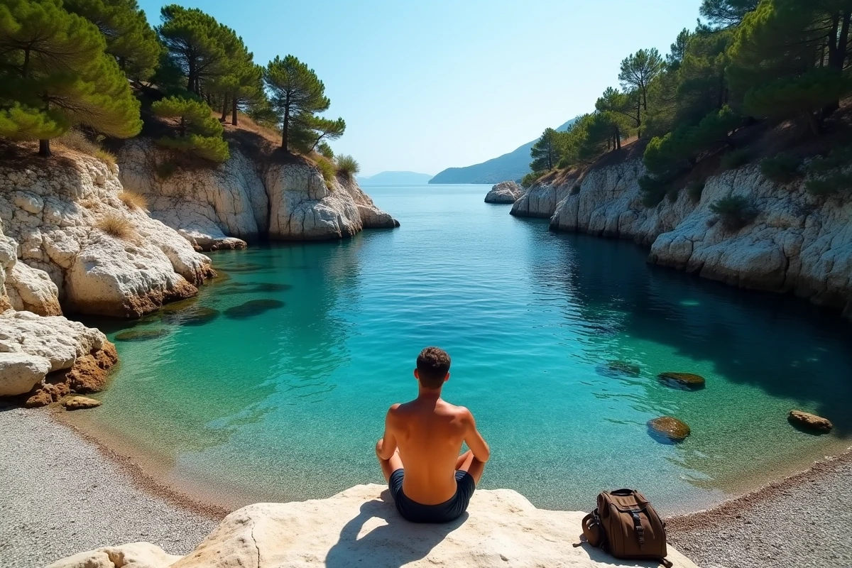 Crique turquoise isolée de Skopelos avec forêt de pins, galets et voyageur contemplant la mer Égée depuis un rocher