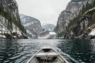 Navire de croisière traversant un fjord norvégien aux falaises enneigées et forêts de pins