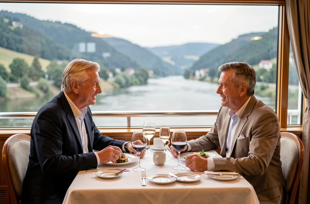 Couple dînant dans le restaurant panoramique d'un bateau de croisière sur le Danube