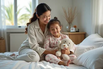 Jeune fille endormie dans son lit avec sa mère en Martinique