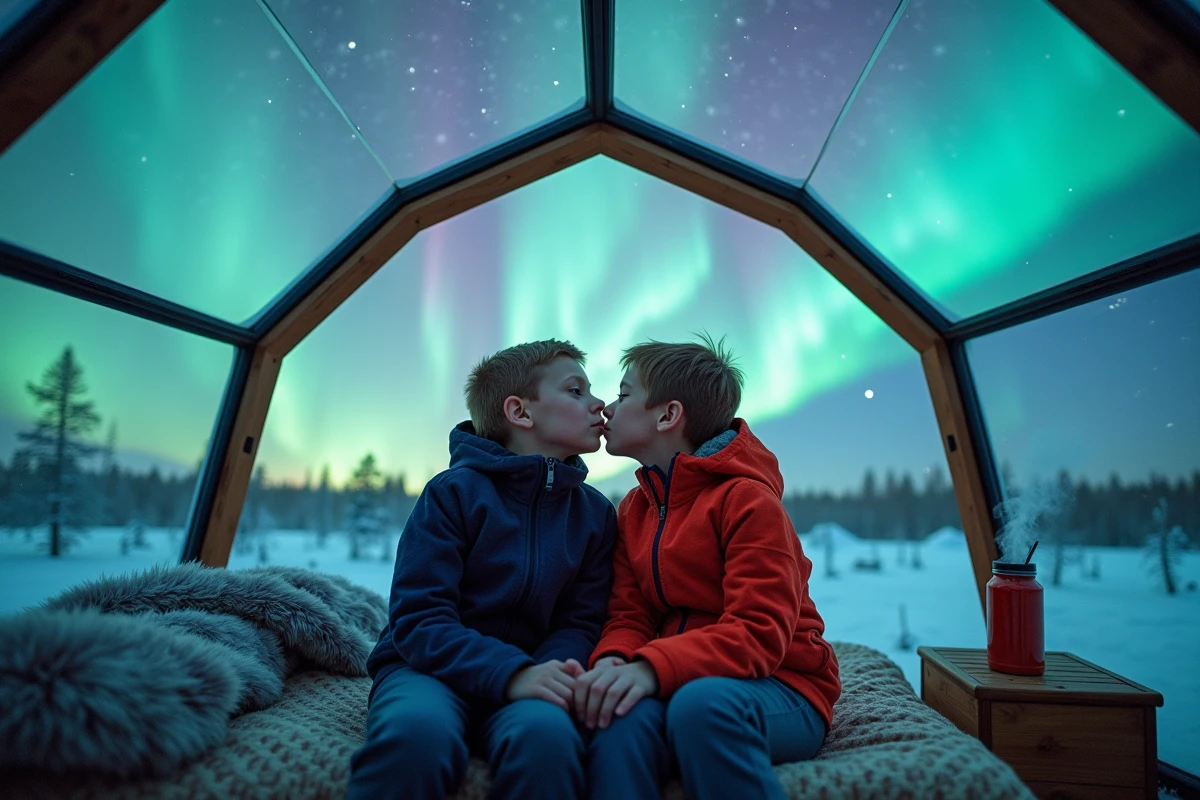 Deux enfants adolescents regardant une aurore boréale depuis l'intérieur d'un igloo en verre en Laponie finlandaise avec boissons chaudes