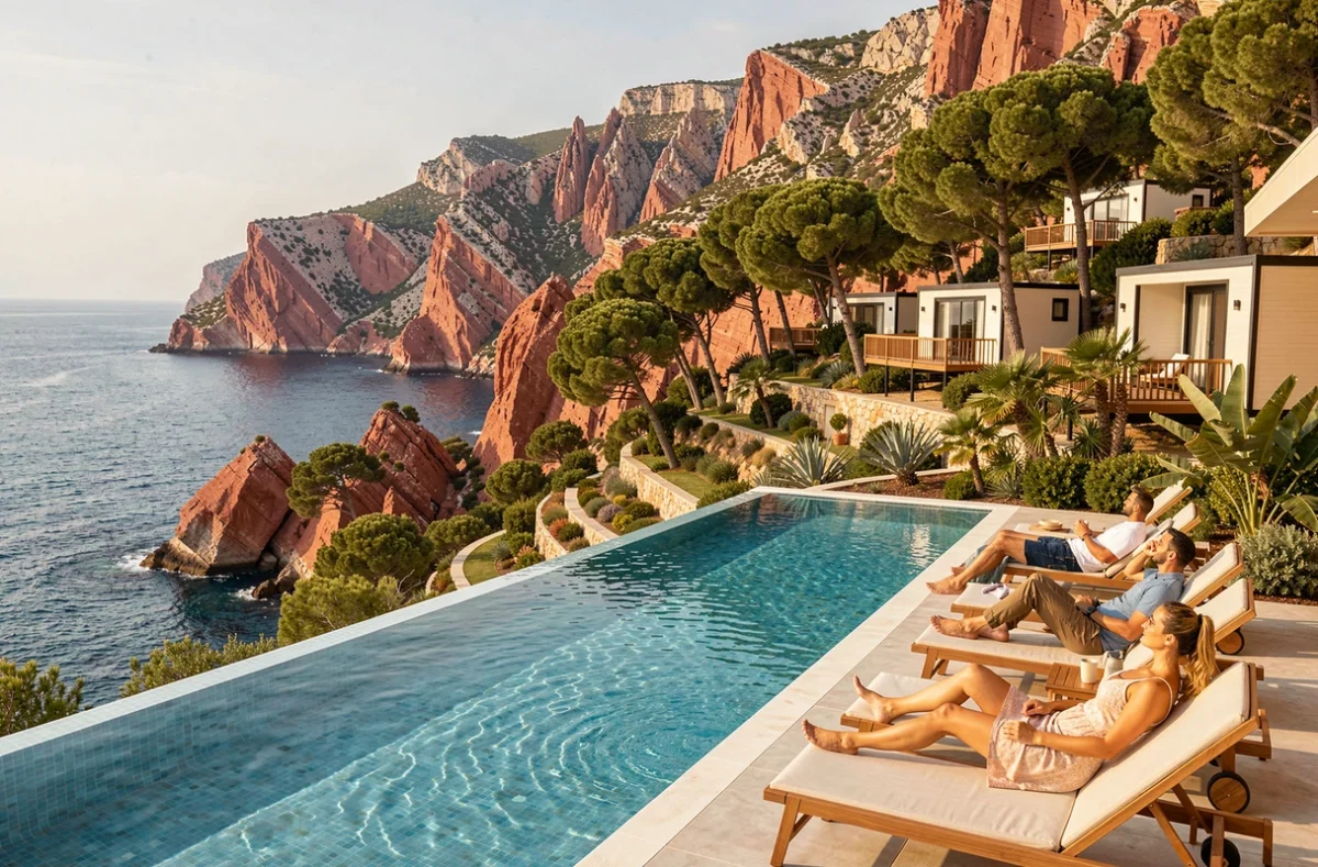 Esterel Caravaning à Agay avec piscine à débordement face aux roches rouges du massif de l'Esterel