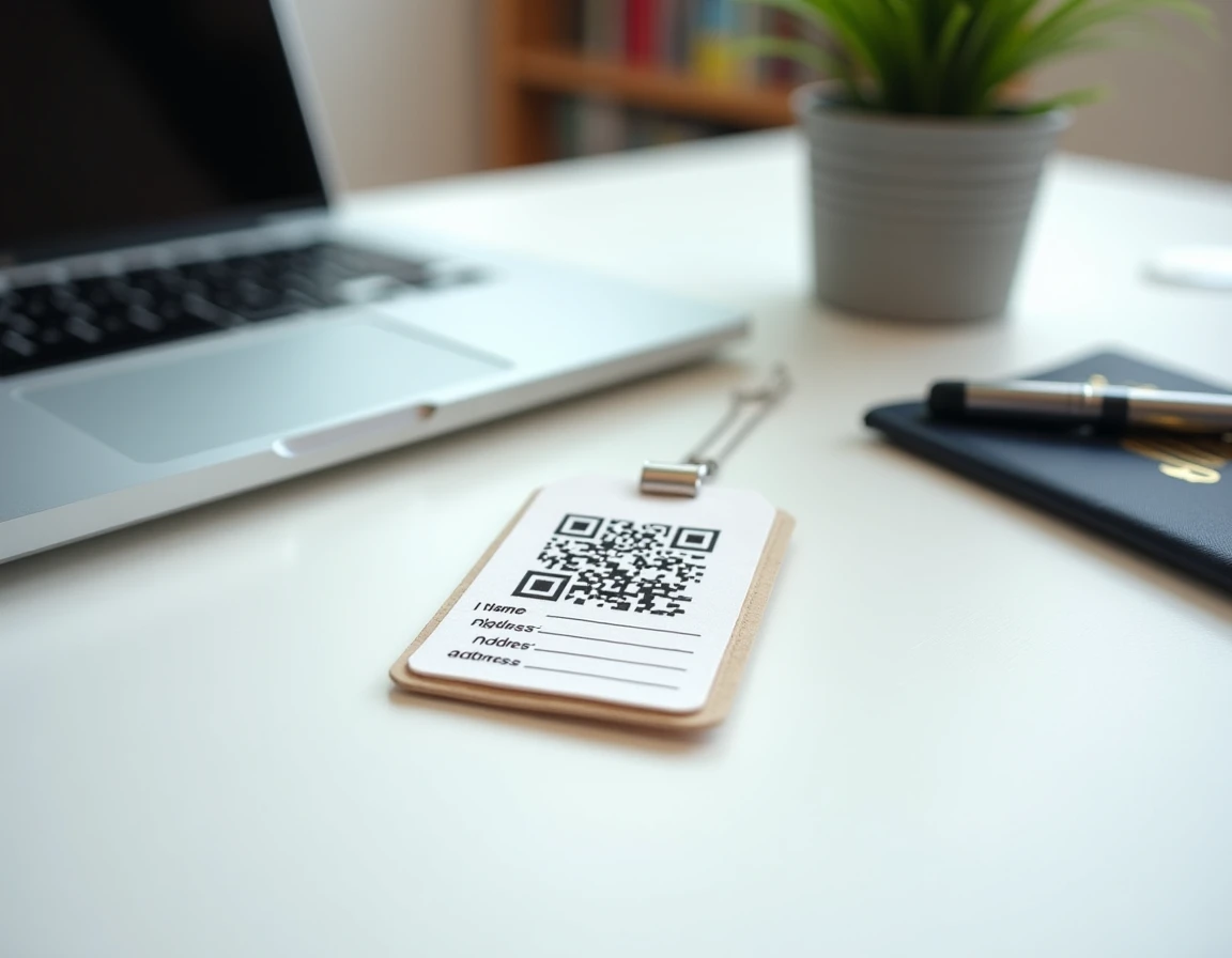 Étiquette valise imprimée avec QR code posée sur un bureau blanc à côté d'un passeport et d'un stylo pour illustrer la solution anti-perte