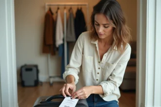 Femme attachant une étiquette de valise imprimée avec QR code sur une valise rigide dans un couloir d'appartement moderne