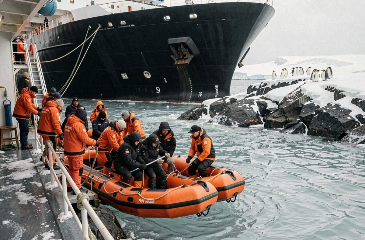 Passagers d'une croisière polaire de luxe embarquant dans des zodiacs pour explorer une côte enneigée avec des manchots