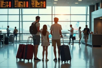 Famille avec valises au comptoir d'enregistrement d'un aéroport pendant les vacances scolaires 2026