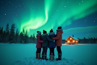 Famille avec enfants admirant une aurore boréale en Finlande sur un lac gelé en Laponie, vêtus de combinaisons d'hiver épaisses
