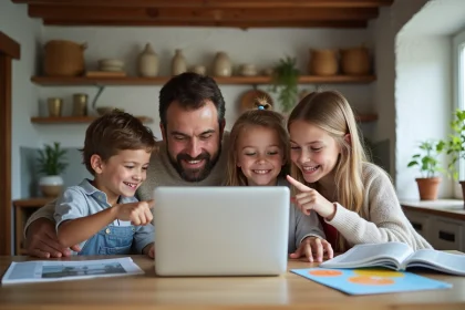 Famille basque souriante autour d'un ordinateur dans une cuisine rustique