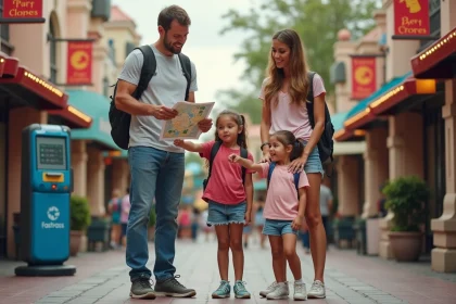 Famille avec enfants consultant leur carte Disneyland Paris devant une borne FastPass pour optimiser leur journée avec un petit budget