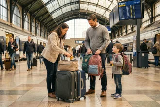 Famille avec enfants organisant ses bagages dans le hall d'une gare française avant de prendre le train pour l'Italie