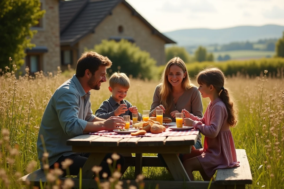 Famille savourant un repas traditionnel auvergnat en plein air dans un pré fleuri avec une ferme en pierre en arrière-plan