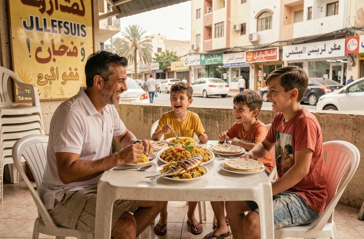 Père et enfants déjeunant dans un restaurant local authentique de Deira, partageant des plats traditionnels émiratis