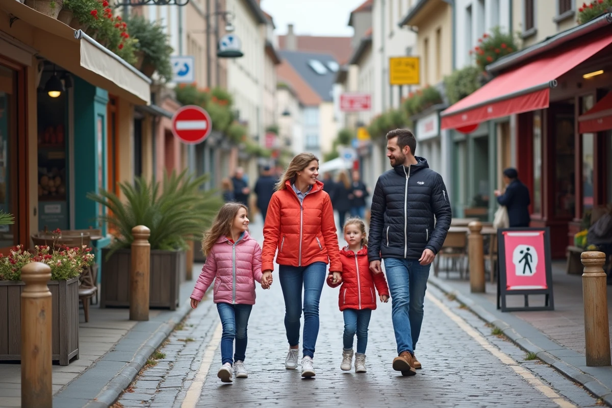 Famille marchant dans une rue piétonne à Saint Martin Ré