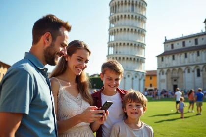 Famille souriante devant la tour de Pise examinant des billets
