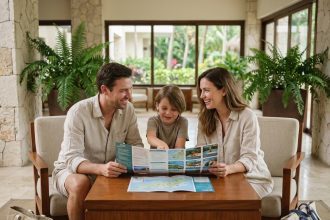 Famille souriante en vacances dans un resort en intérieur