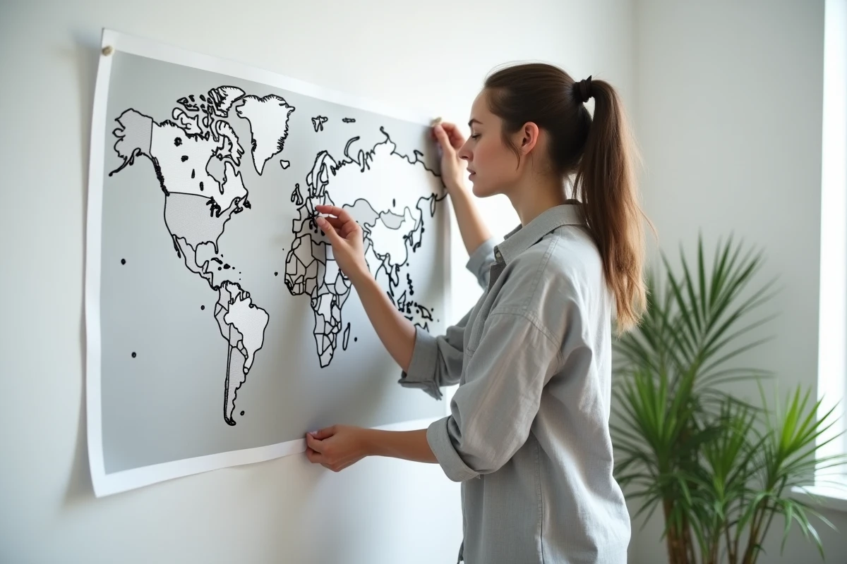 Femme accrochant une grande carte du monde imprimée au mur dans un appartement minimaliste, Groenland visible en haut de la carte