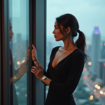 Femme élégante regardant la ville depuis une fenêtre