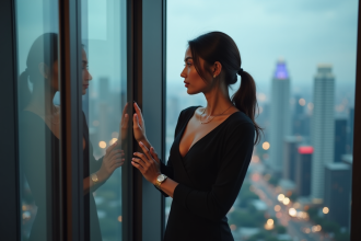 Femme élégante regardant la ville depuis une fenêtre