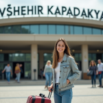 Jeune femme souriante devant l'entrée de l'aéroport de Nevşehir