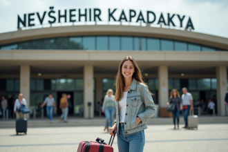 Jeune femme souriante devant l'entrée de l'aéroport de Nevşehir
