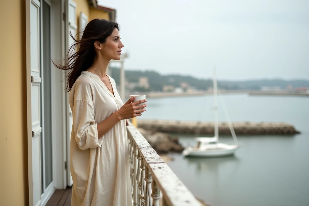 Femme sur un balcon d'hôtel face au Bassin d'Arcachon près de la Dune du Pilat