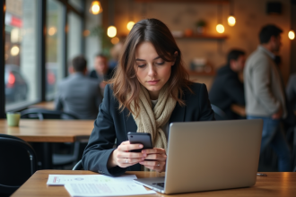 Jeune femme au café avec ordinateur et documents