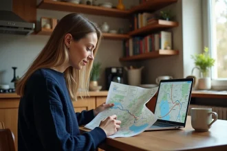 Femme planifiant un itinéraire routier avec une carte papier et un site de calcul d'itinéraire ouvert sur ordinateur portable
