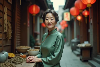 Femme cantonaise en qipao traditionnelle dans une ruelle historique de Guangzhou avec lanternes rouges et herbes séchées
