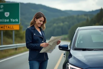 Femme souriante vérifiant une carte sur sa voiture en nature
