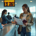 Femme à l'aéroport tenant un passeport et billet